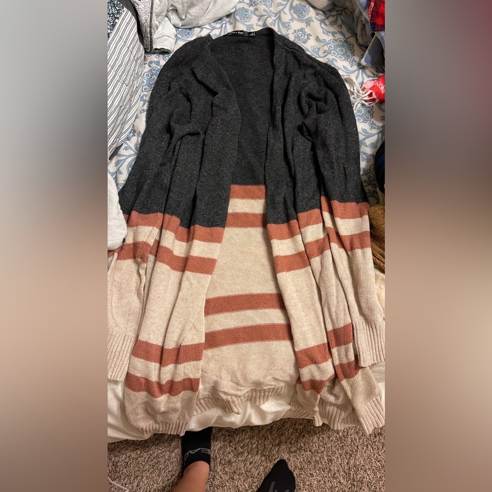 Cute Grey, Coral, and Cream extra long Boutique Cardigan!